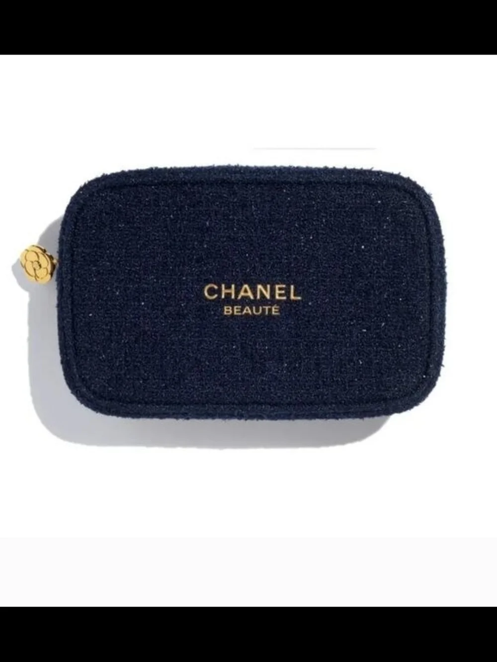 CHANEL Beauty Navy Tweed Mini Cosmetic Case with Gold Logo